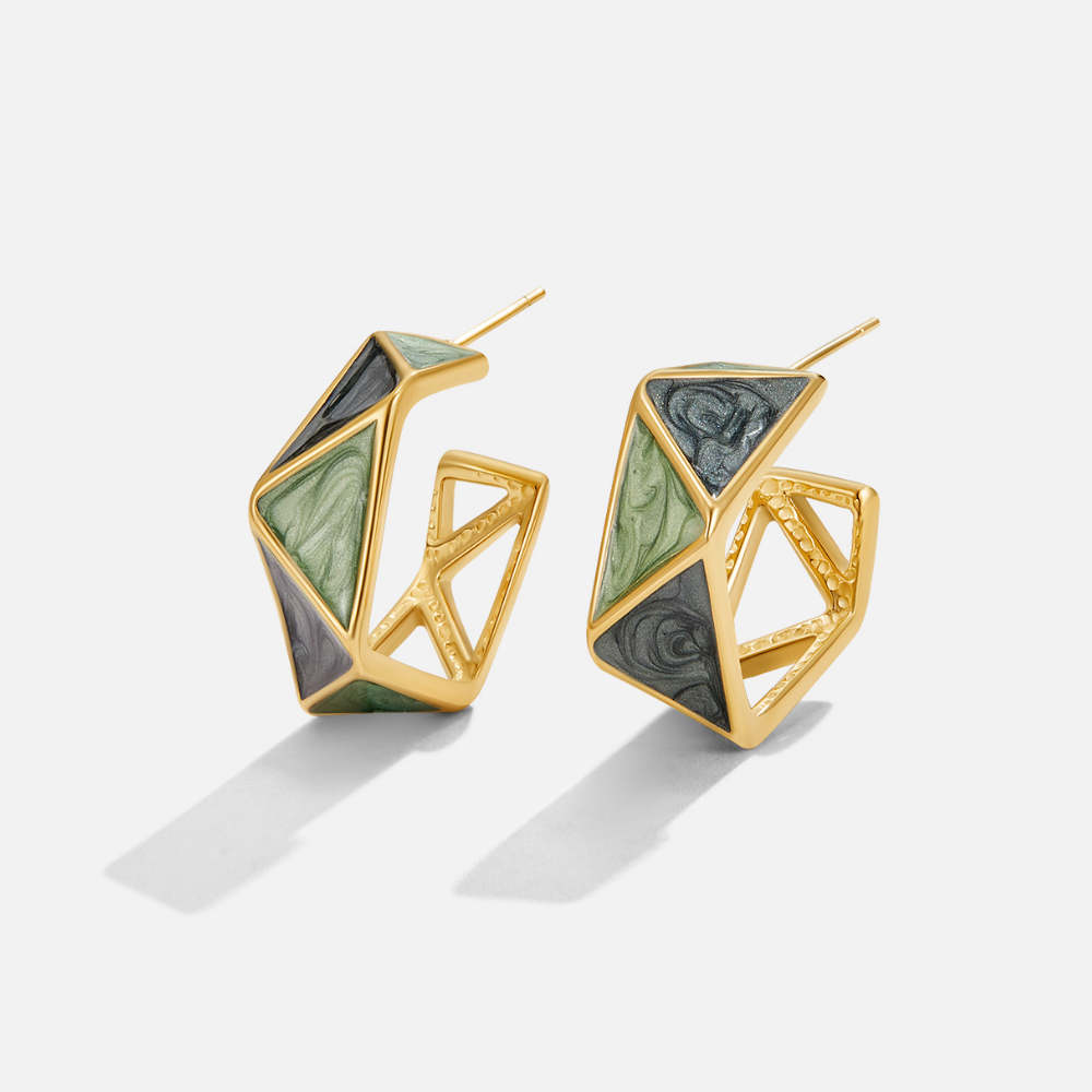 Gold Hoop Earrings with Green Stone Detail