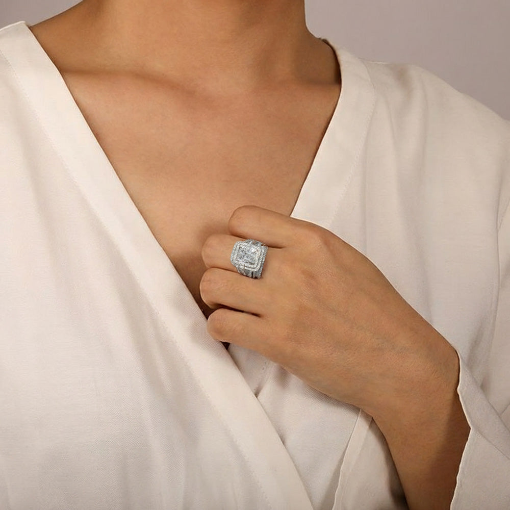 Silver Halo Ring with Lace-Inspired Detail
