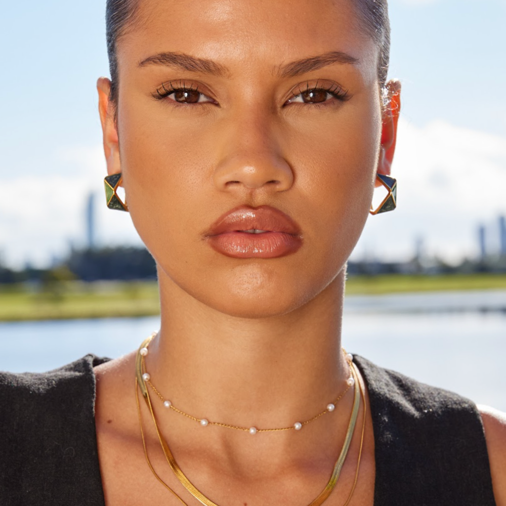 Gold Hoop Earrings with Green Stone Detail