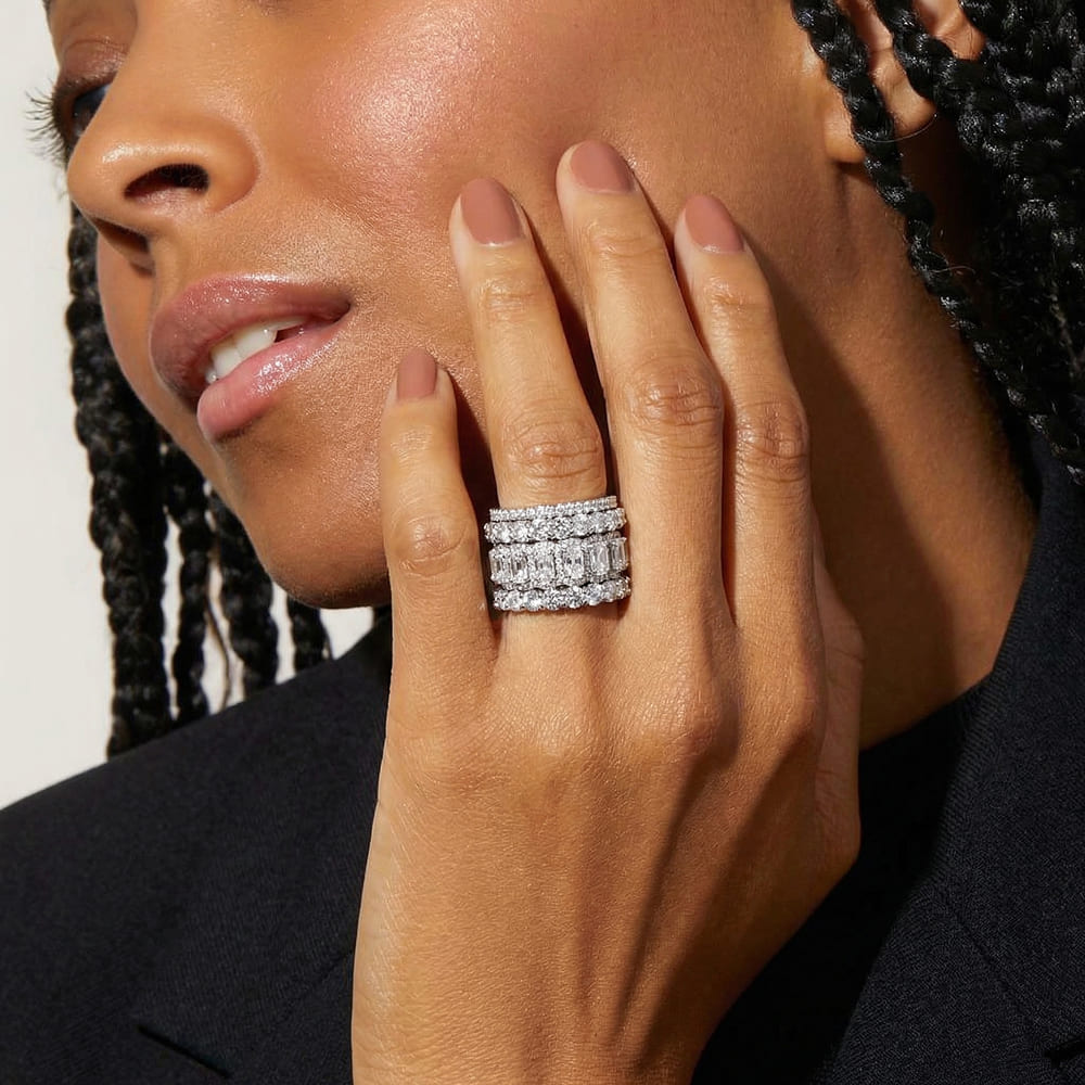 Silver Ring Set with Geometric Ice-Cut Design