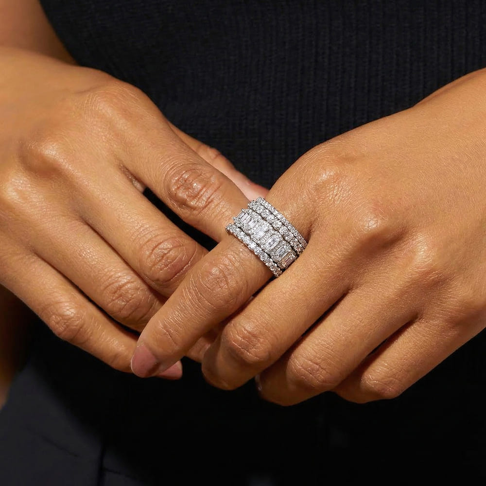 Silver Ring Set with Geometric Ice-Cut Design