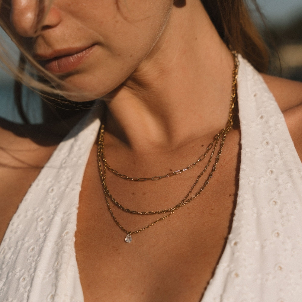 Gold Triple Chain Necklace with Layered Design