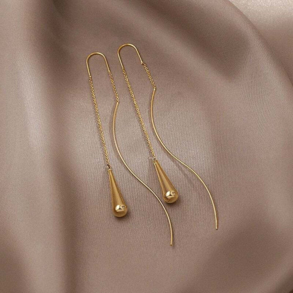 Gold Teardrop Tassel Drop Earrings with Fringe Detail