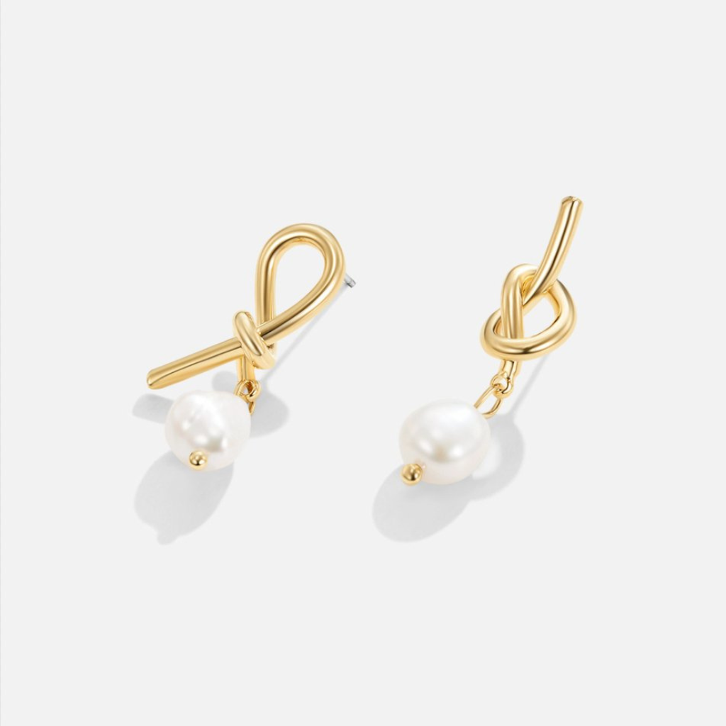 Gold Knotted Drop Earrings with Freshwater Pearl