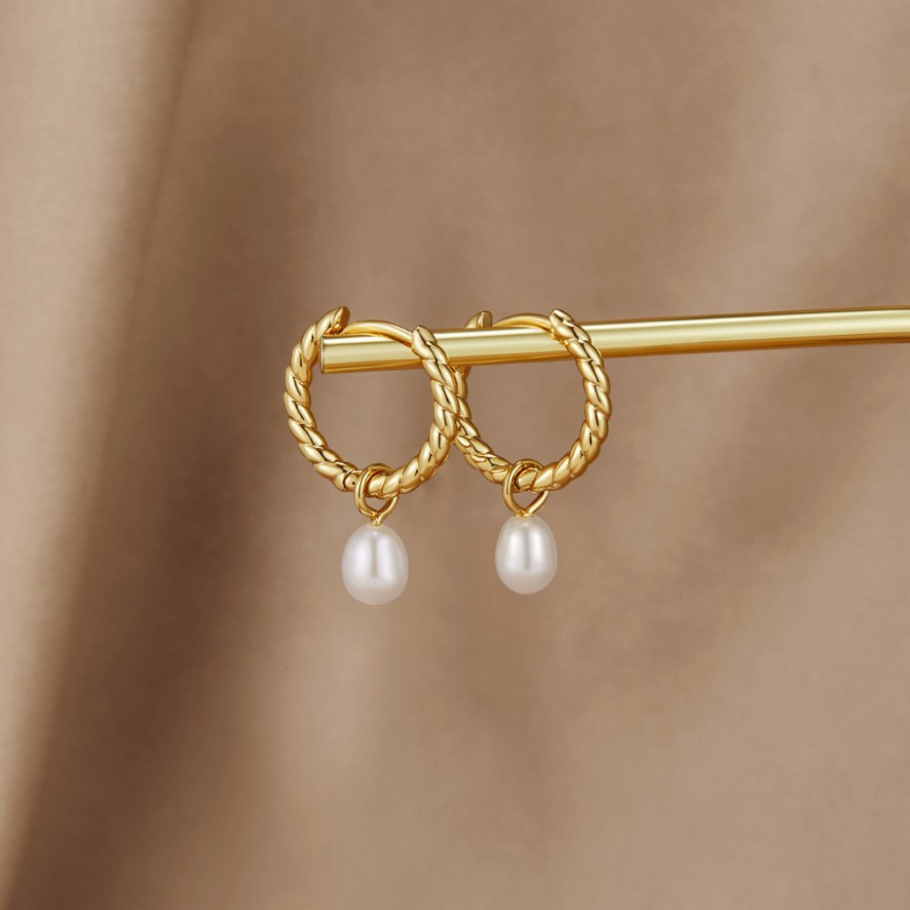 Gold Twist Hoop Earrings with Pearl