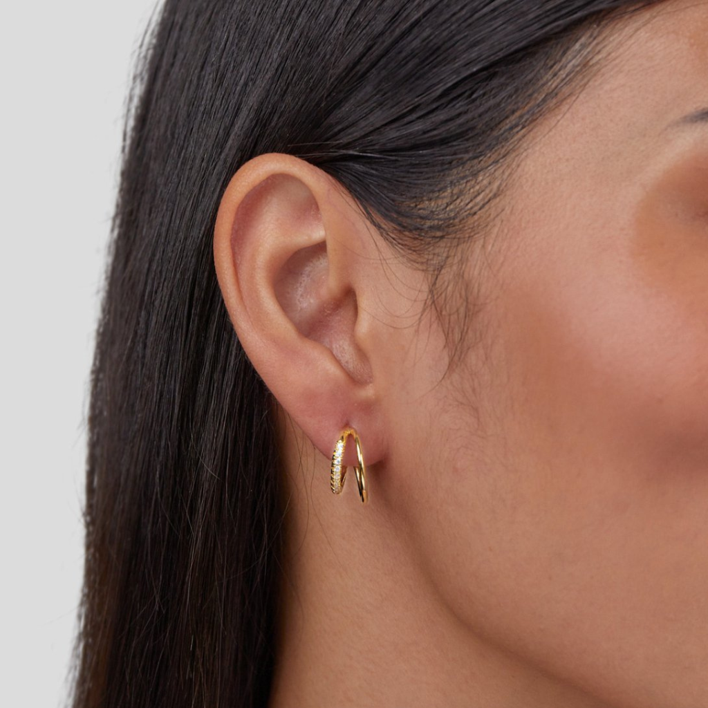 Gold Double Hoop Earrings with Crystal Stone Detail