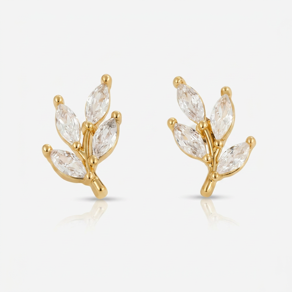Stud Earrings with Crystal Leaf Design