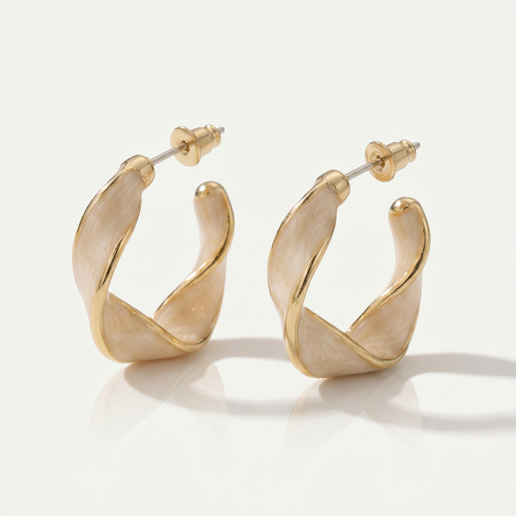 Gold Twist Hoop Earrings with Pink Mother of Pearl