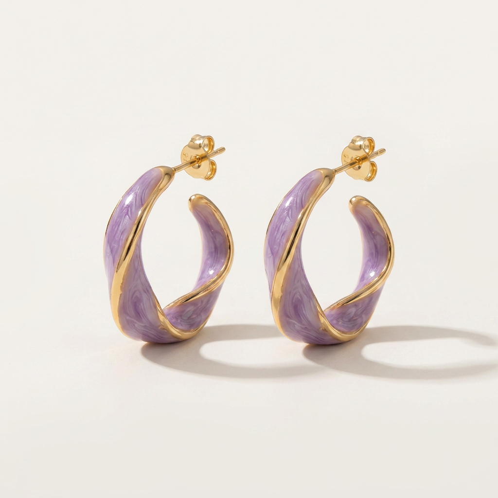 Gold Twist Hoop Earrings with Pink Mother of Pearl