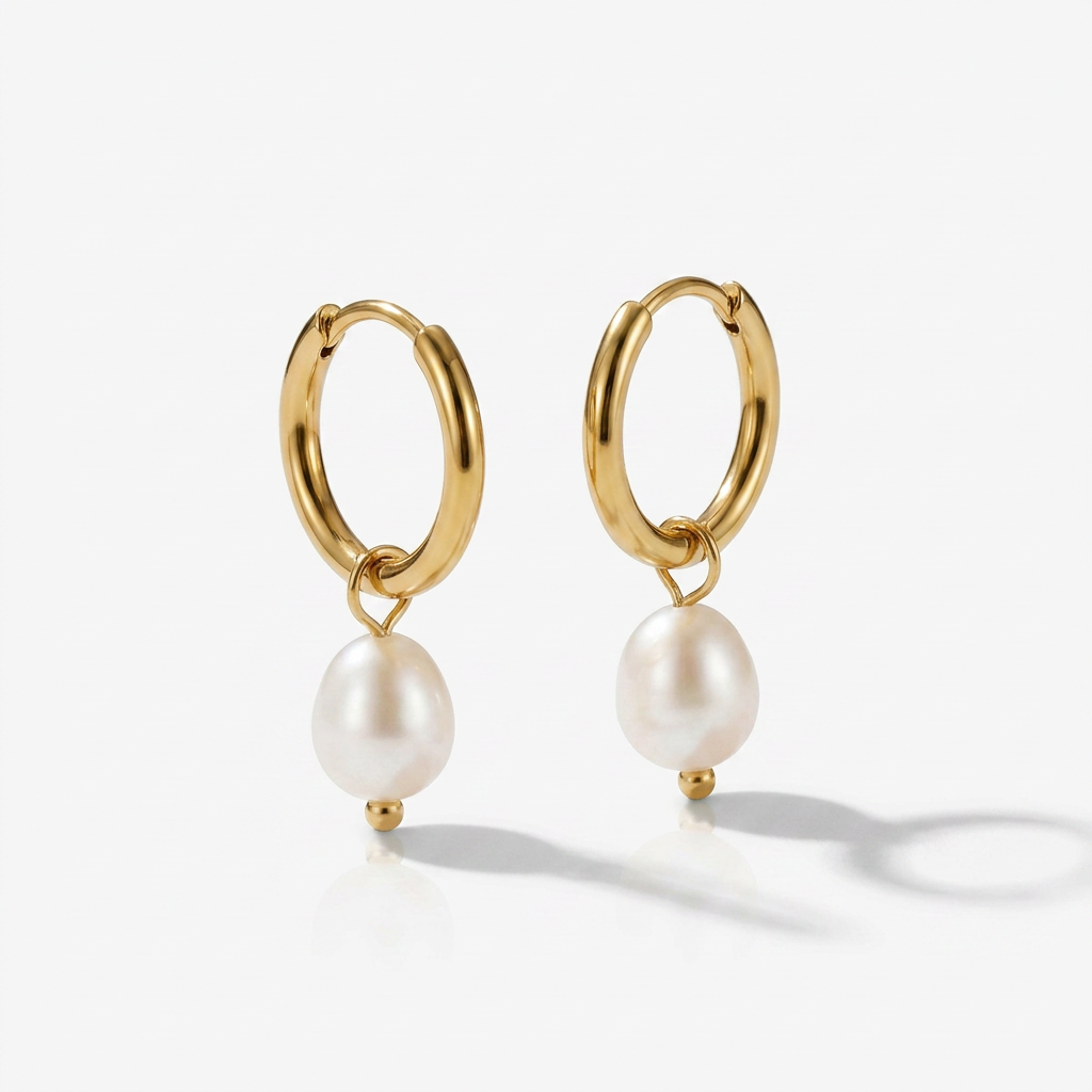 Gold Hoop Earrings with Freshwater Pearl Drop