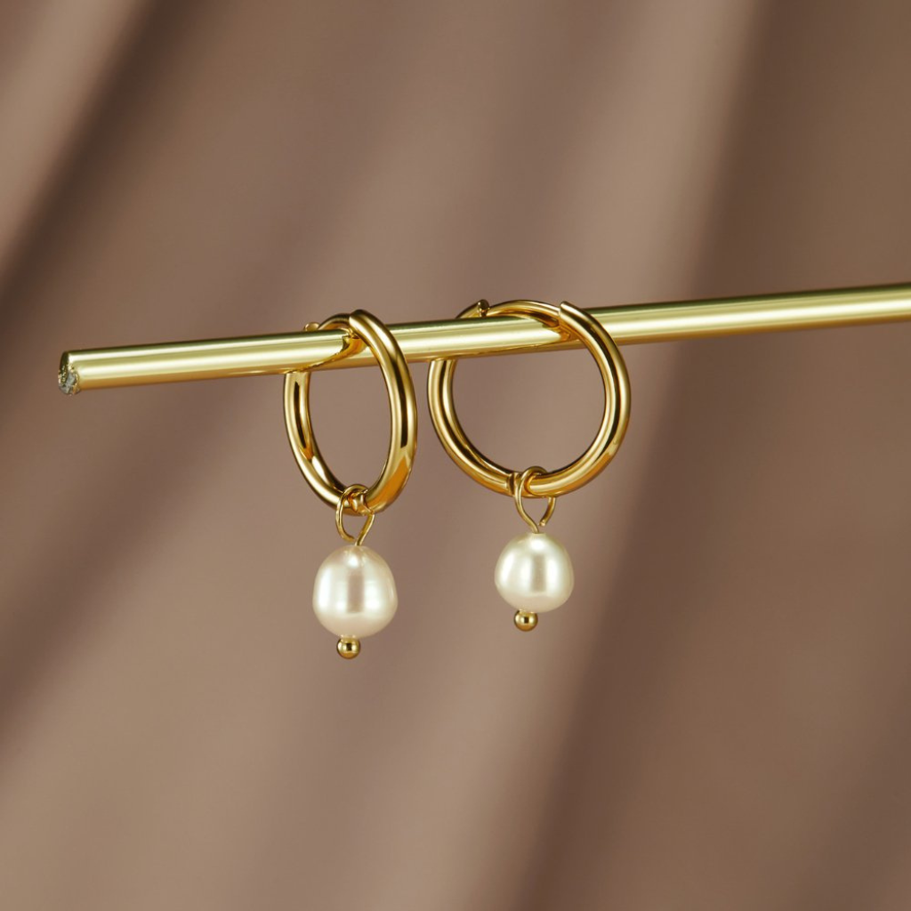 Gold Hoop Earrings with Freshwater Pearl Drop