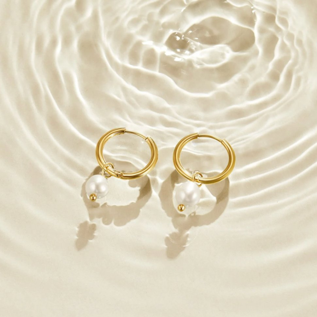 Gold Hoop Earrings with Freshwater Pearl Drop