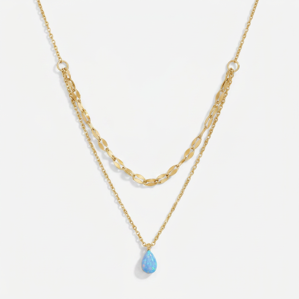 Gold Plated Layered Necklace with Blue Opal Teardrop