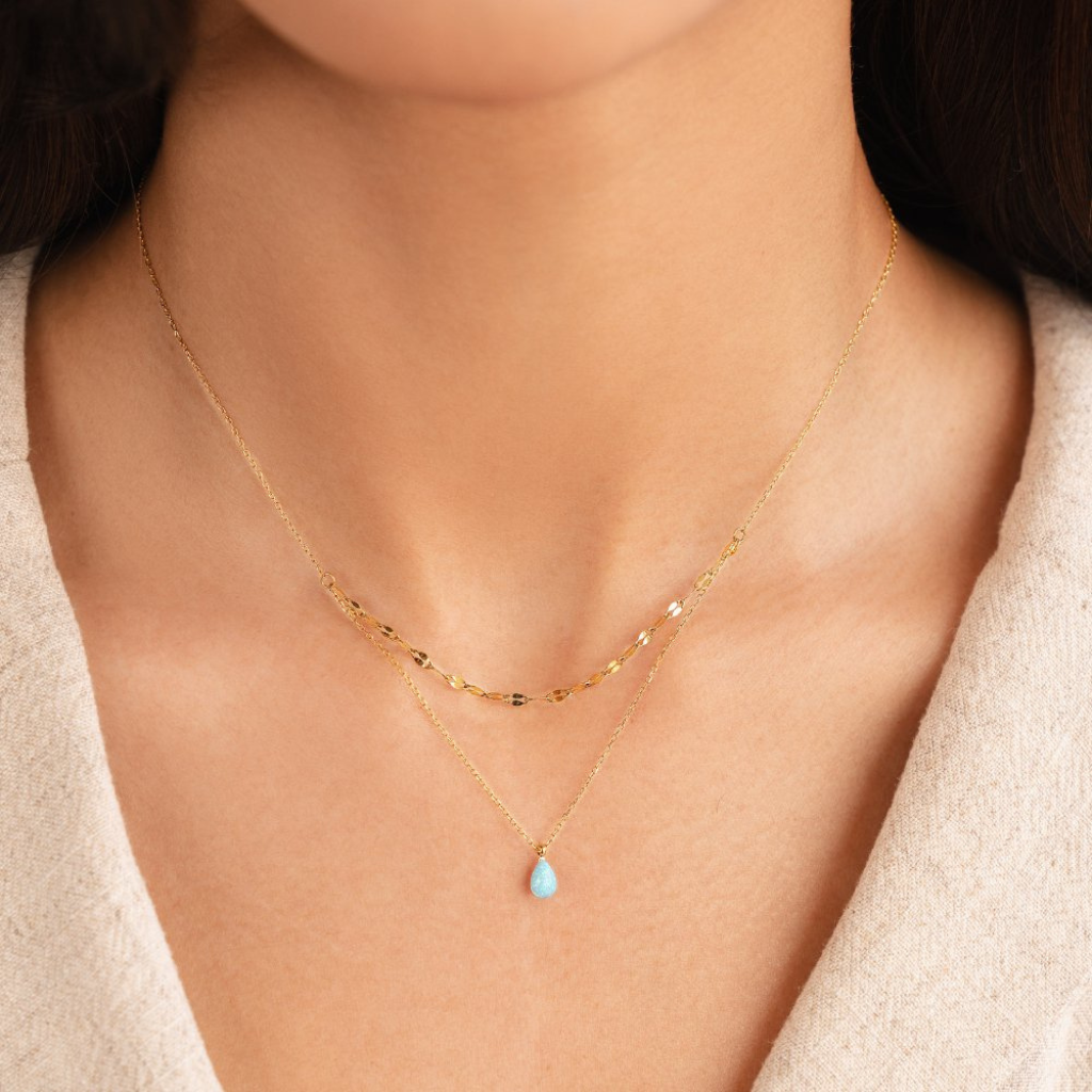 Gold Plated Layered Necklace with Blue Opal Teardrop