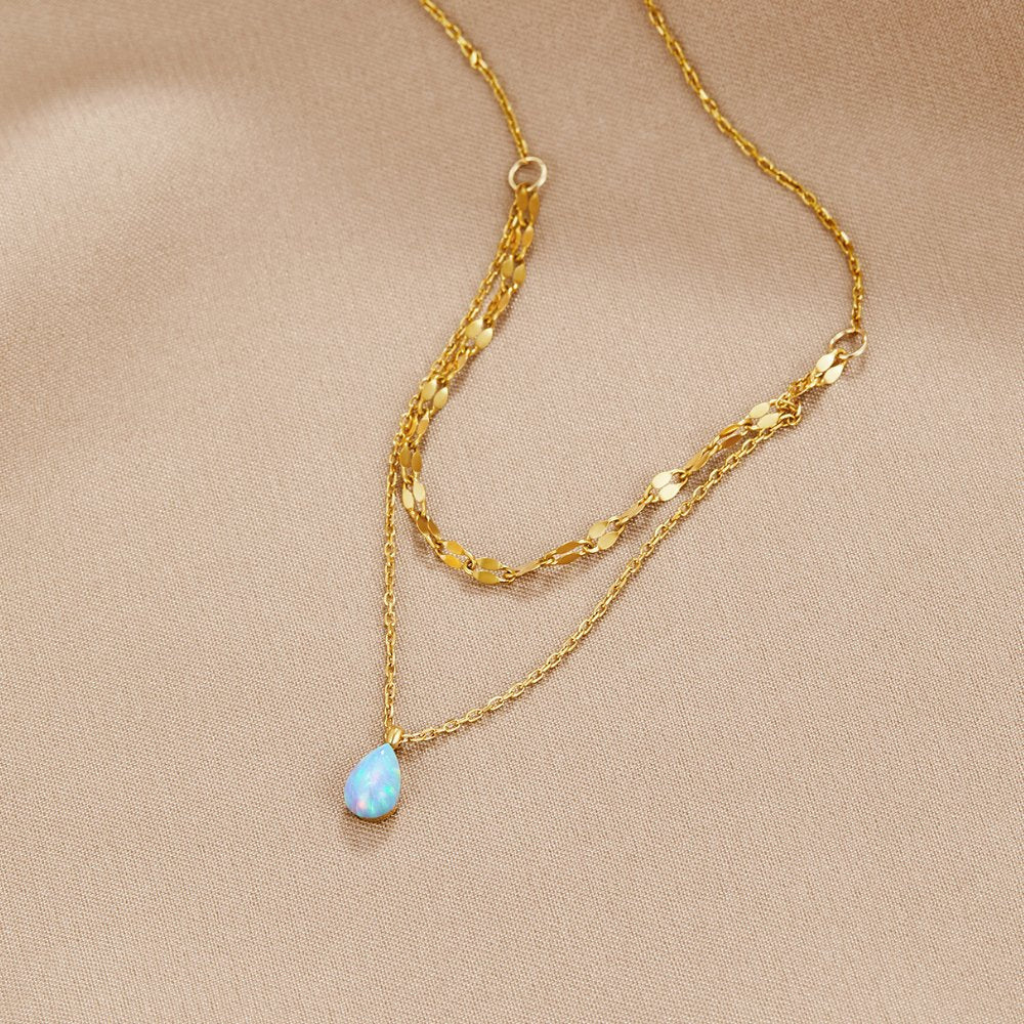 Gold Plated Layered Necklace with Blue Opal Teardrop