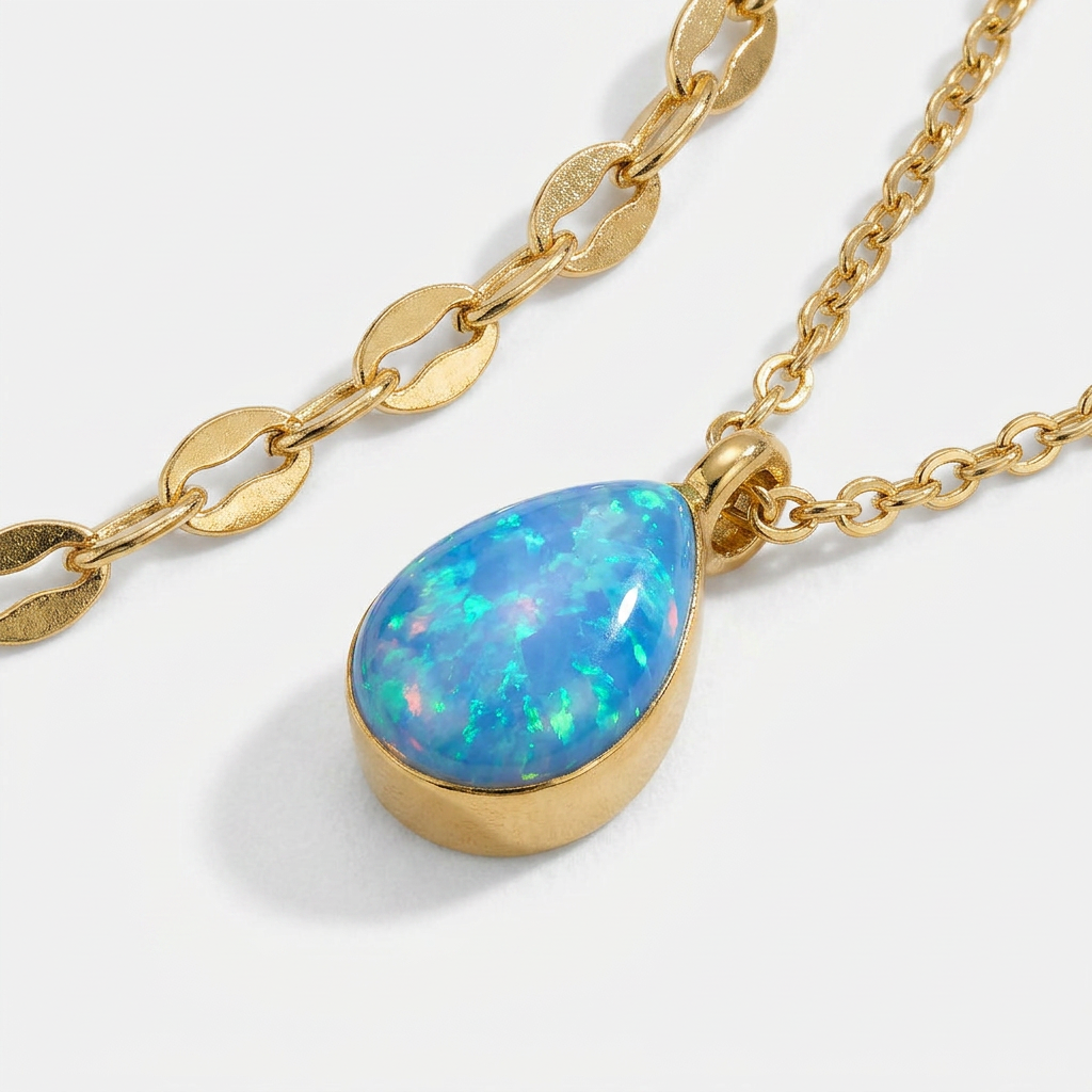 Gold Plated Layered Necklace with Blue Opal Teardrop