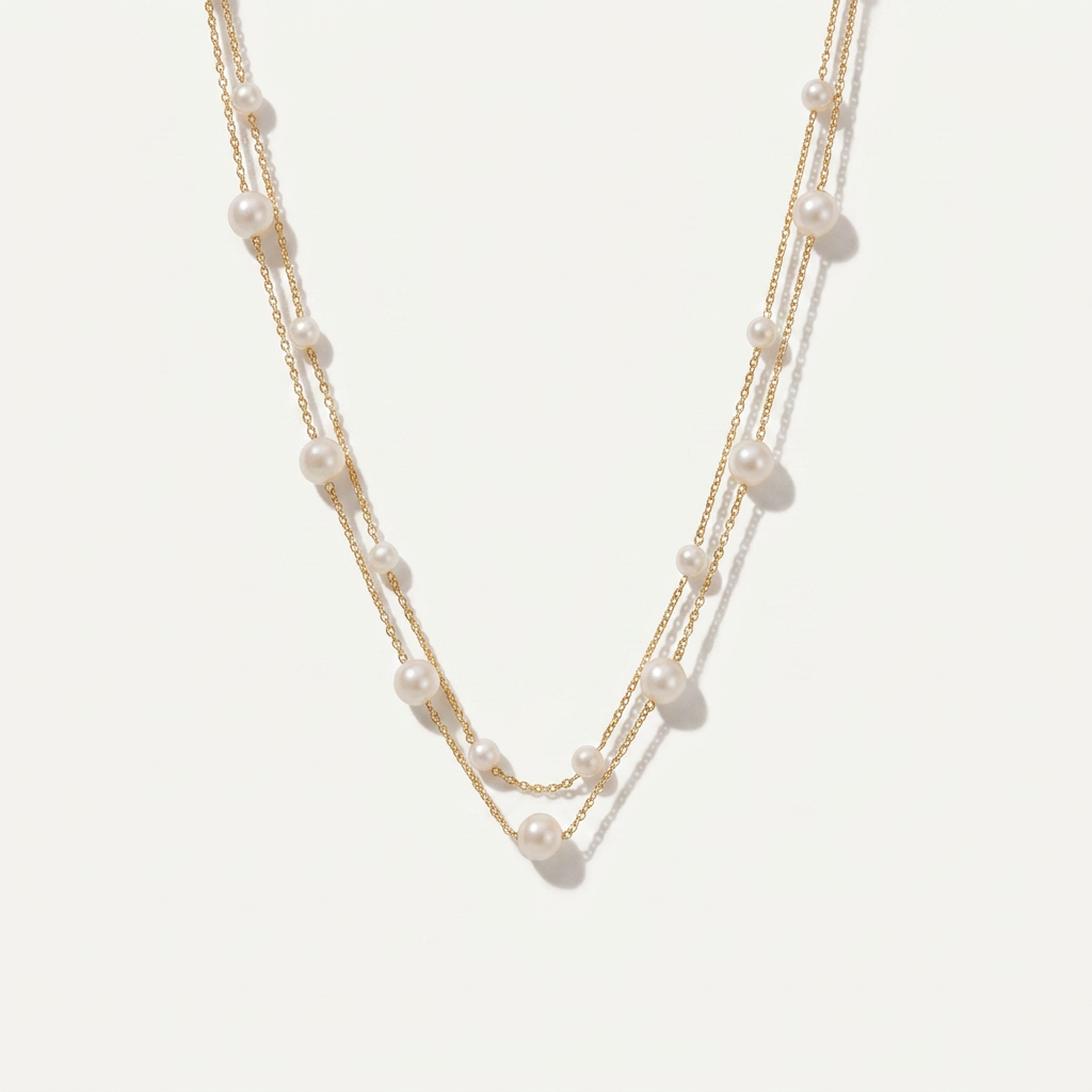 Gold Plated Layered Necklace with Mixed Pearls