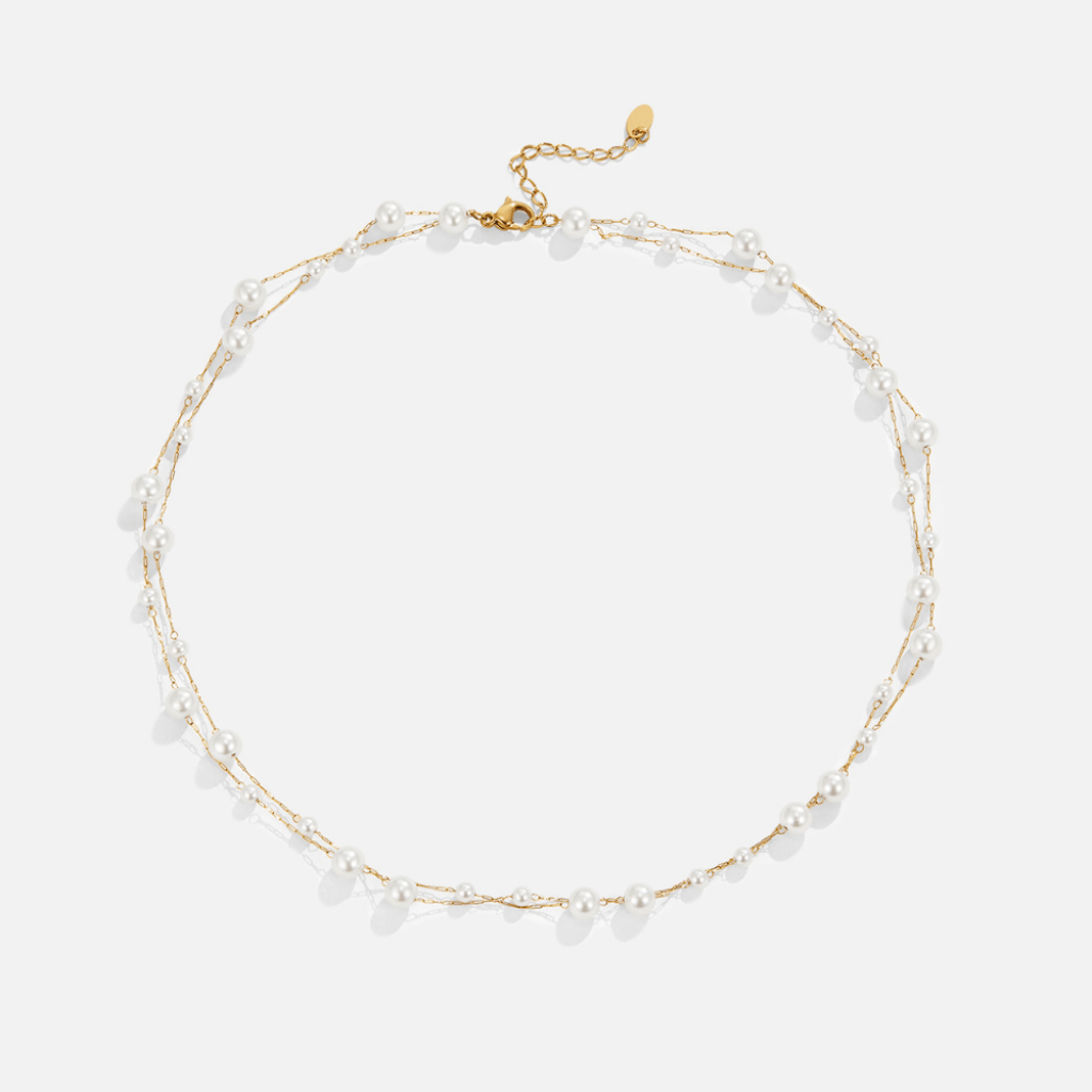 Gold Plated Layered Necklace with Mixed Pearls