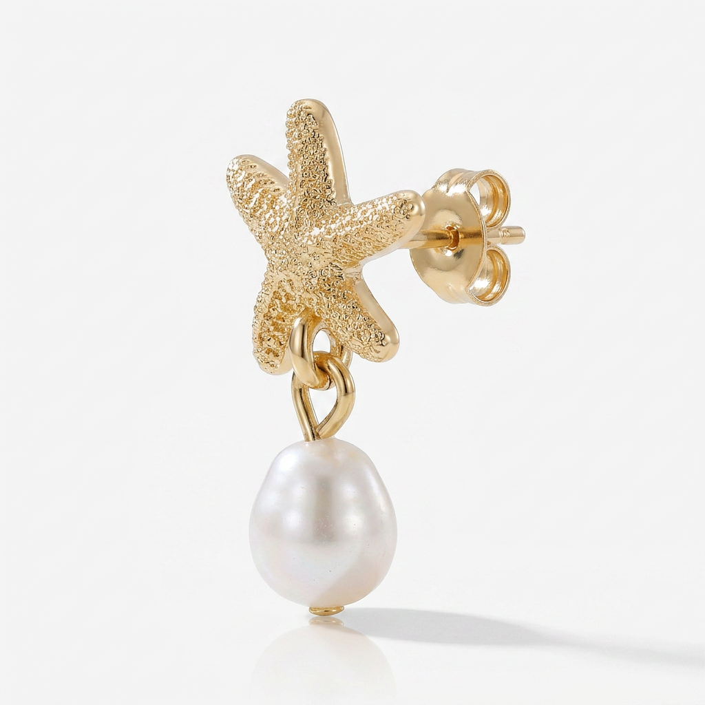 Shell and Starfish Drop Earrings with Freshwater Pearl