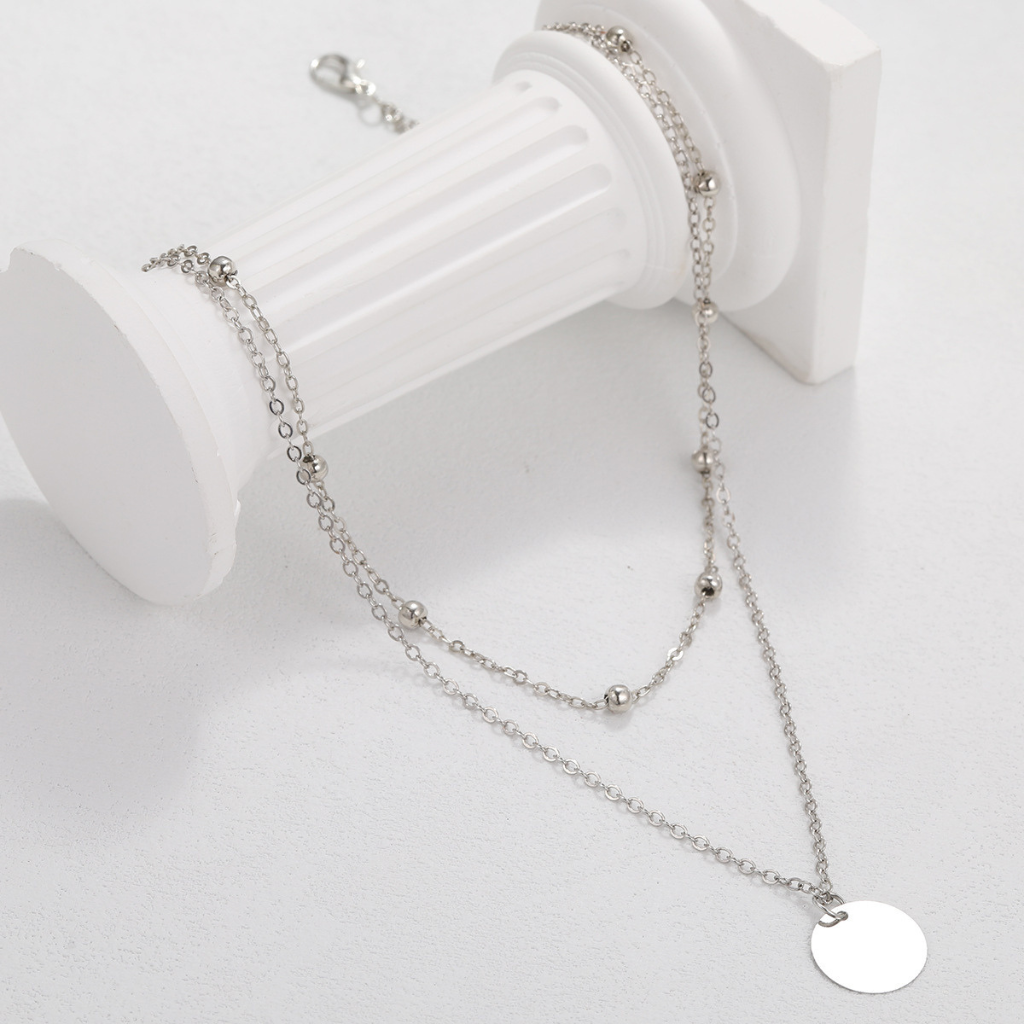 Layered Necklace with Disc Pendant and Beaded Chain