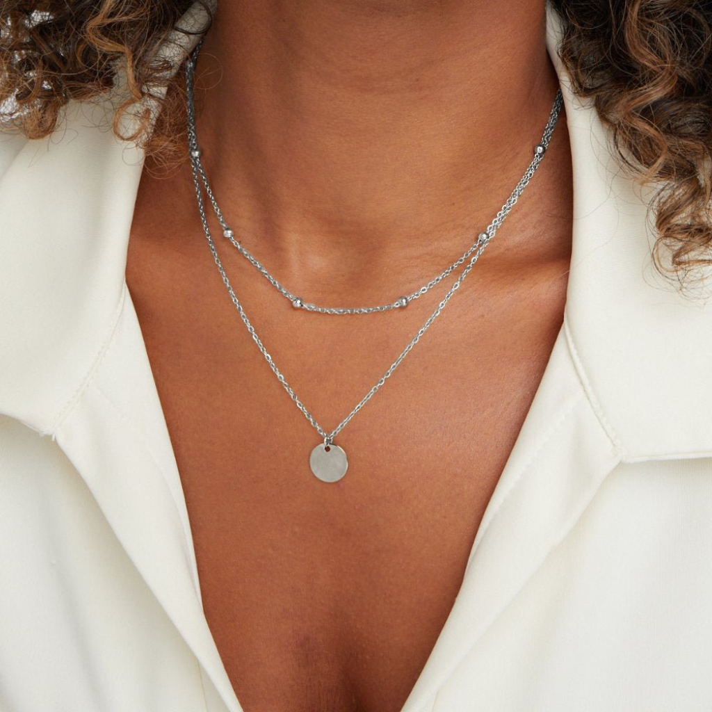 Layered Necklace with Disc Pendant and Beaded Chain