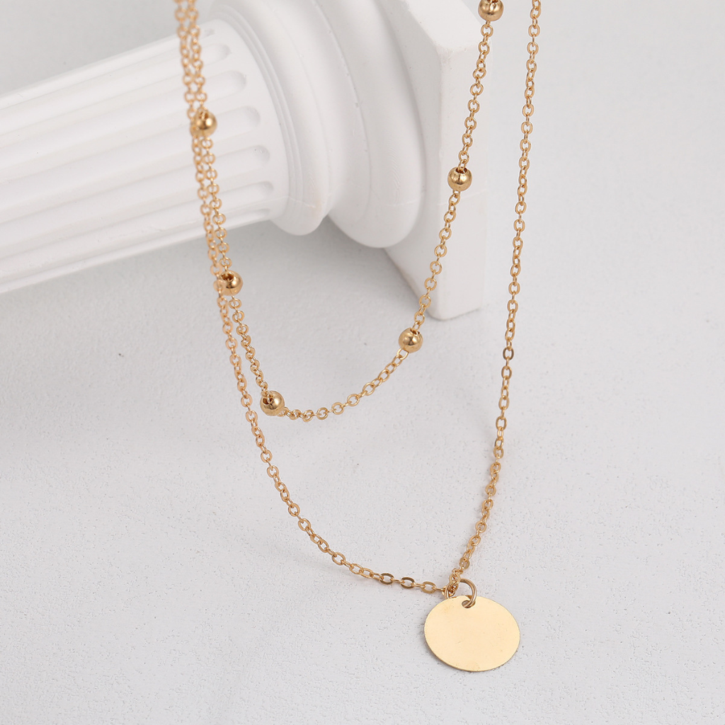Layered Necklace with Disc Pendant and Beaded Chain