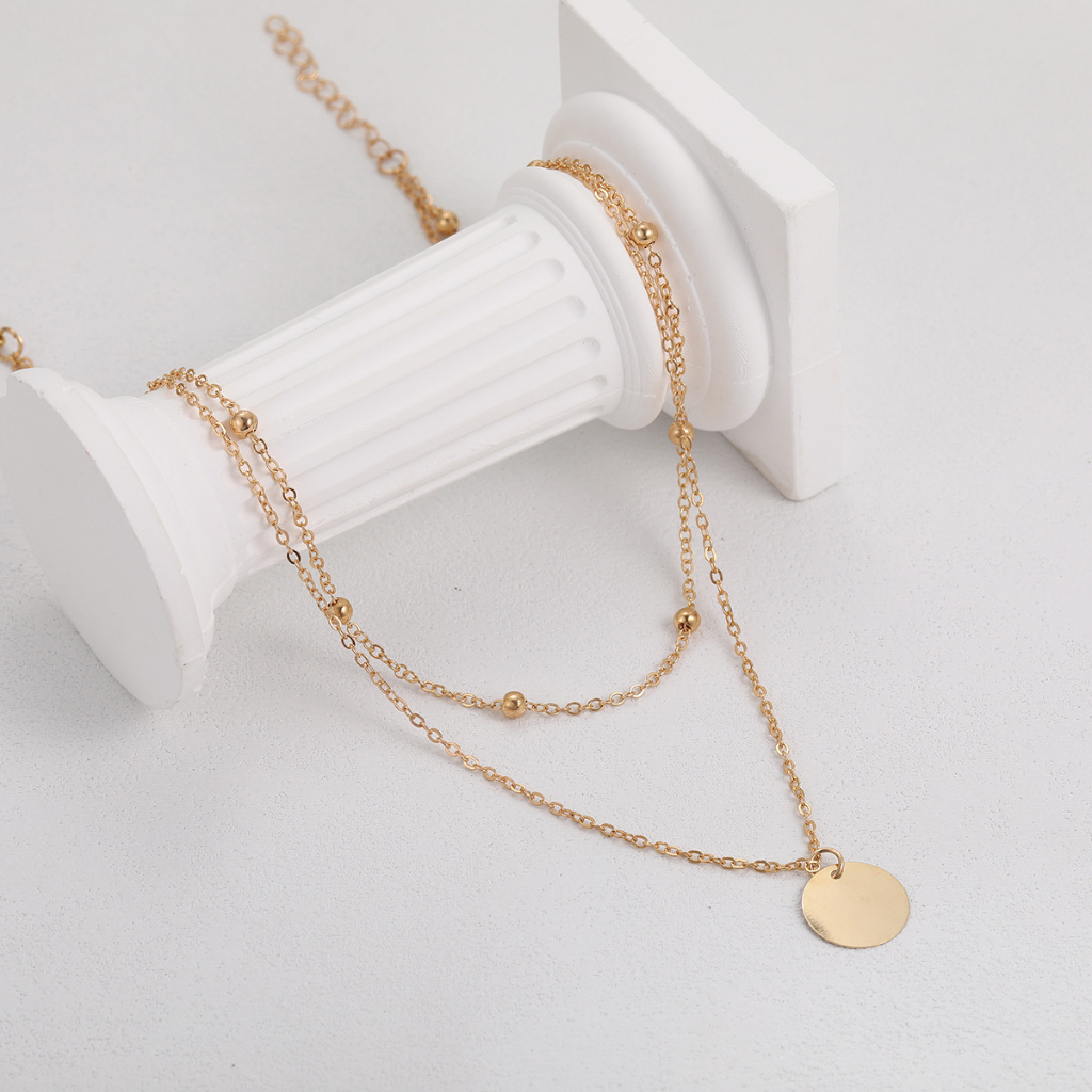 Layered Necklace with Disc Pendant and Beaded Chain