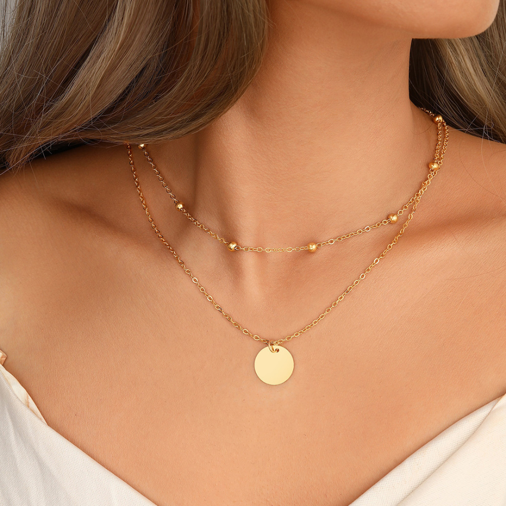 Layered Necklace with Disc Pendant and Beaded Chain