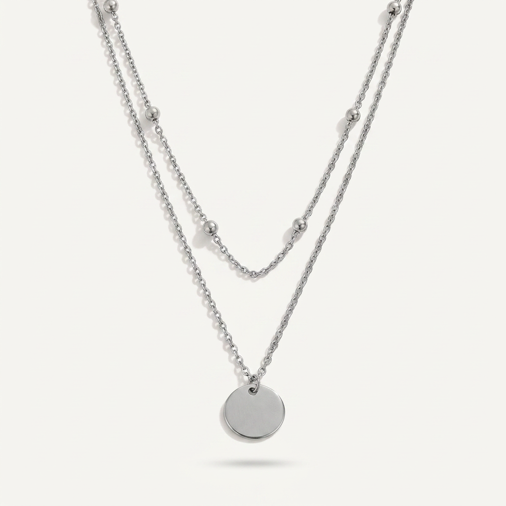 Layered Necklace with Disc Pendant and Beaded Chain