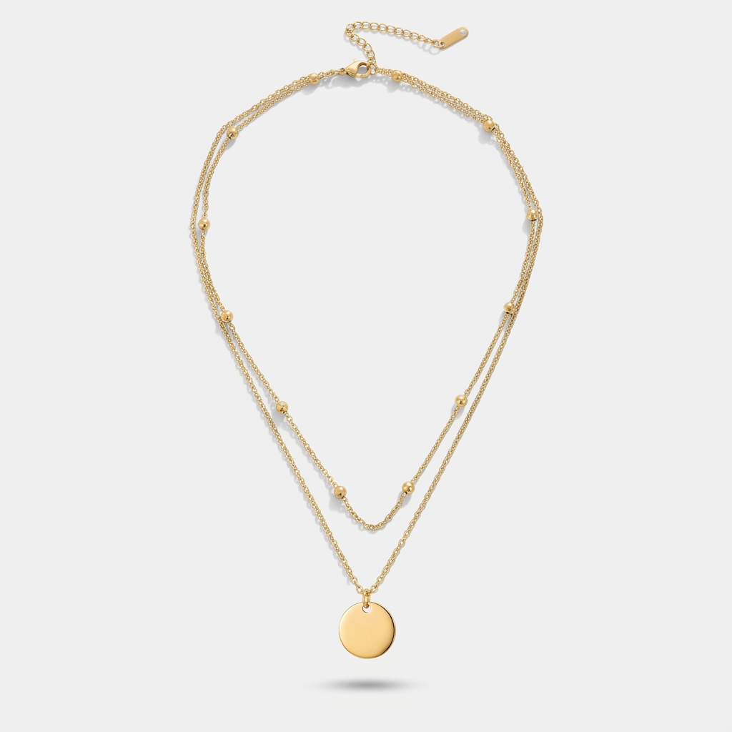 Layered Necklace with Disc Pendant and Beaded Chain