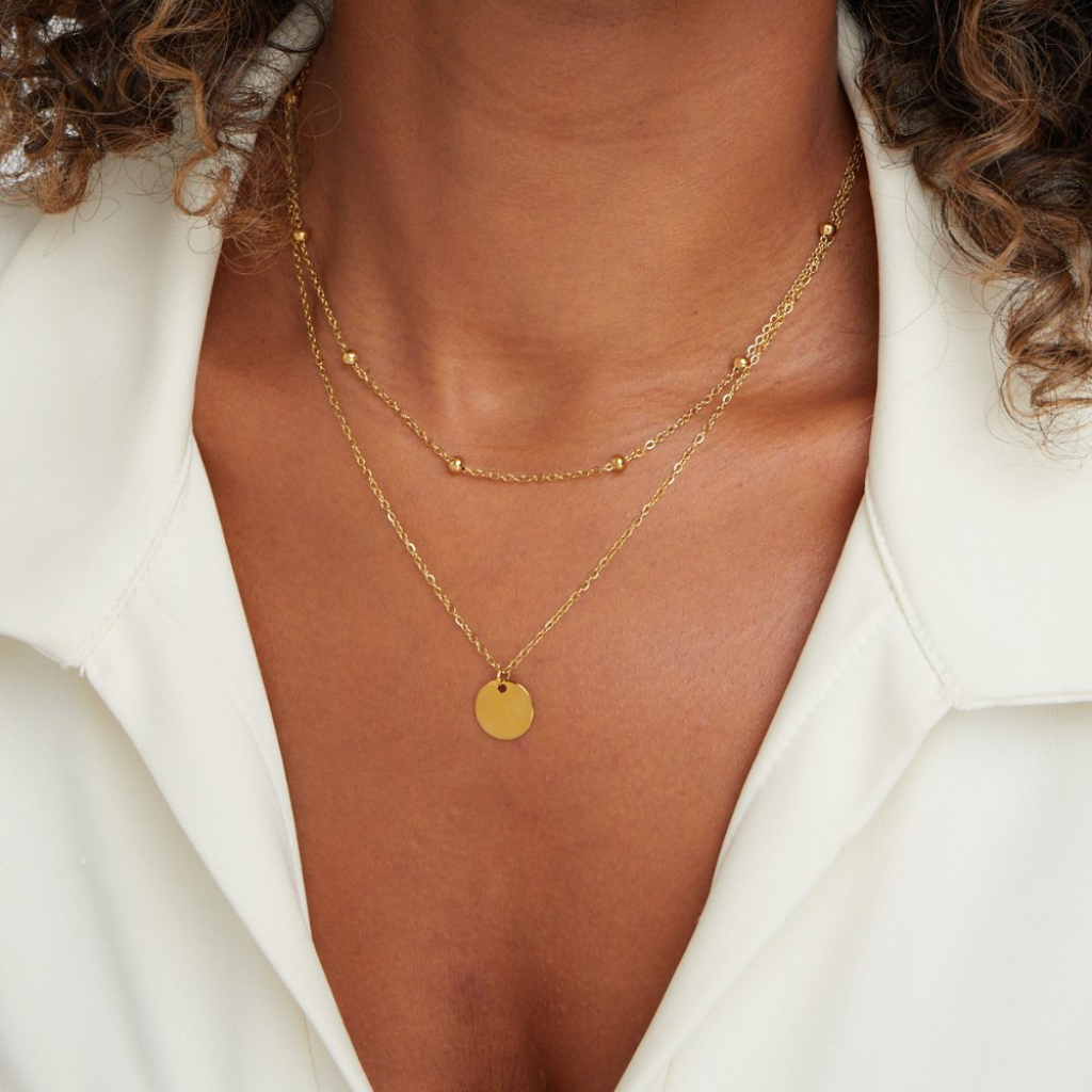 Layered Necklace with Disc Pendant and Beaded Chain