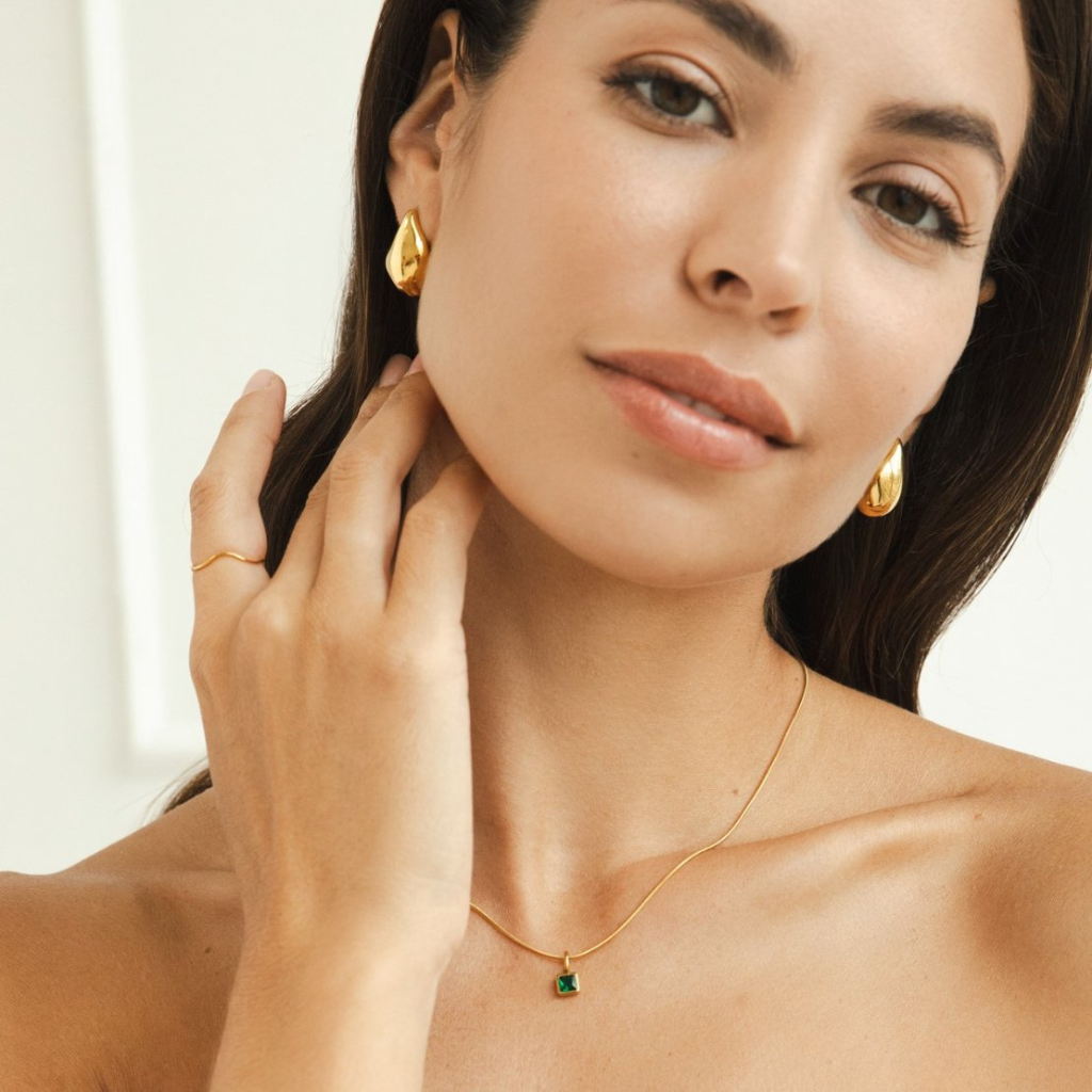 Gold Tone Square Pendant Birthstone Necklace