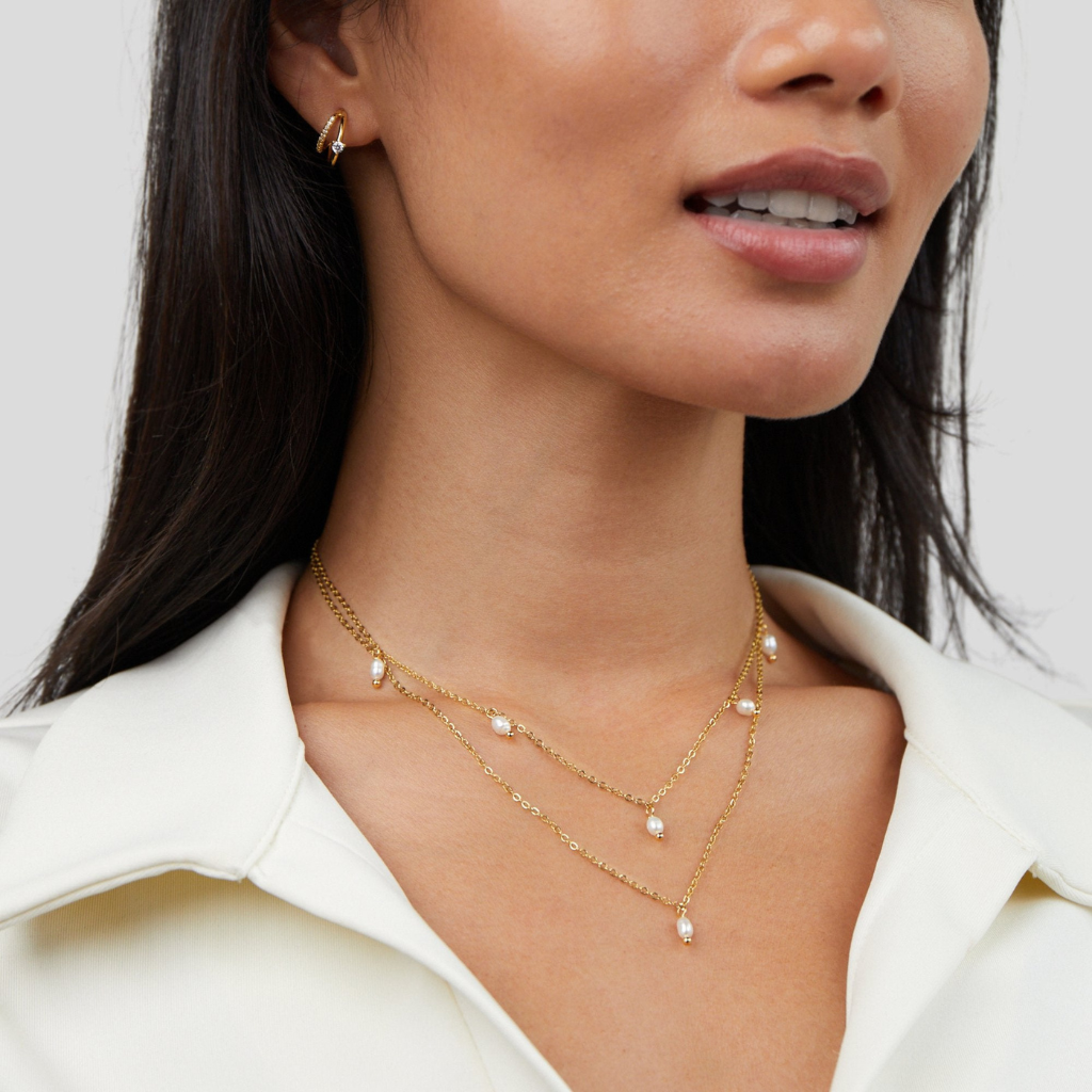 Pearl Drop Layered Chain Necklace