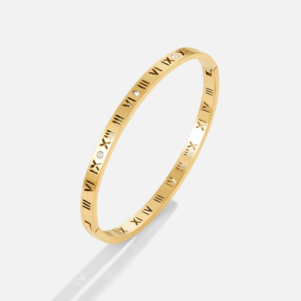 Gold Bangle with Roman Numeral Detail