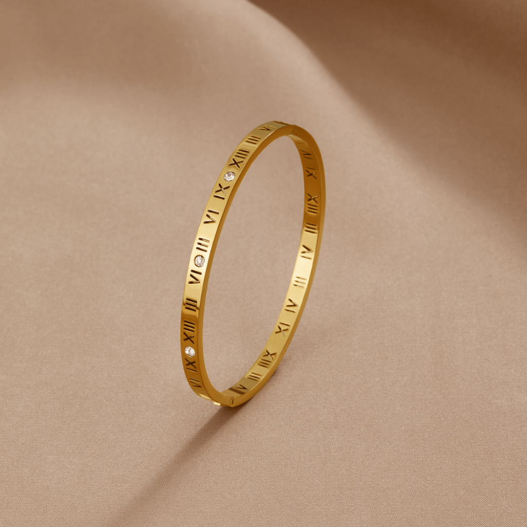Gold Bangle with Roman Numeral Detail
