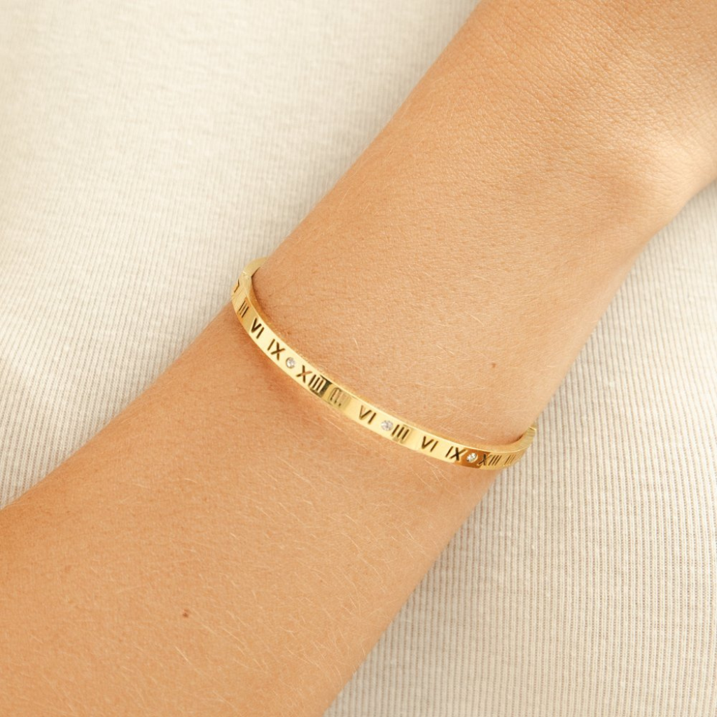Gold Bangle with Roman Numeral Detail