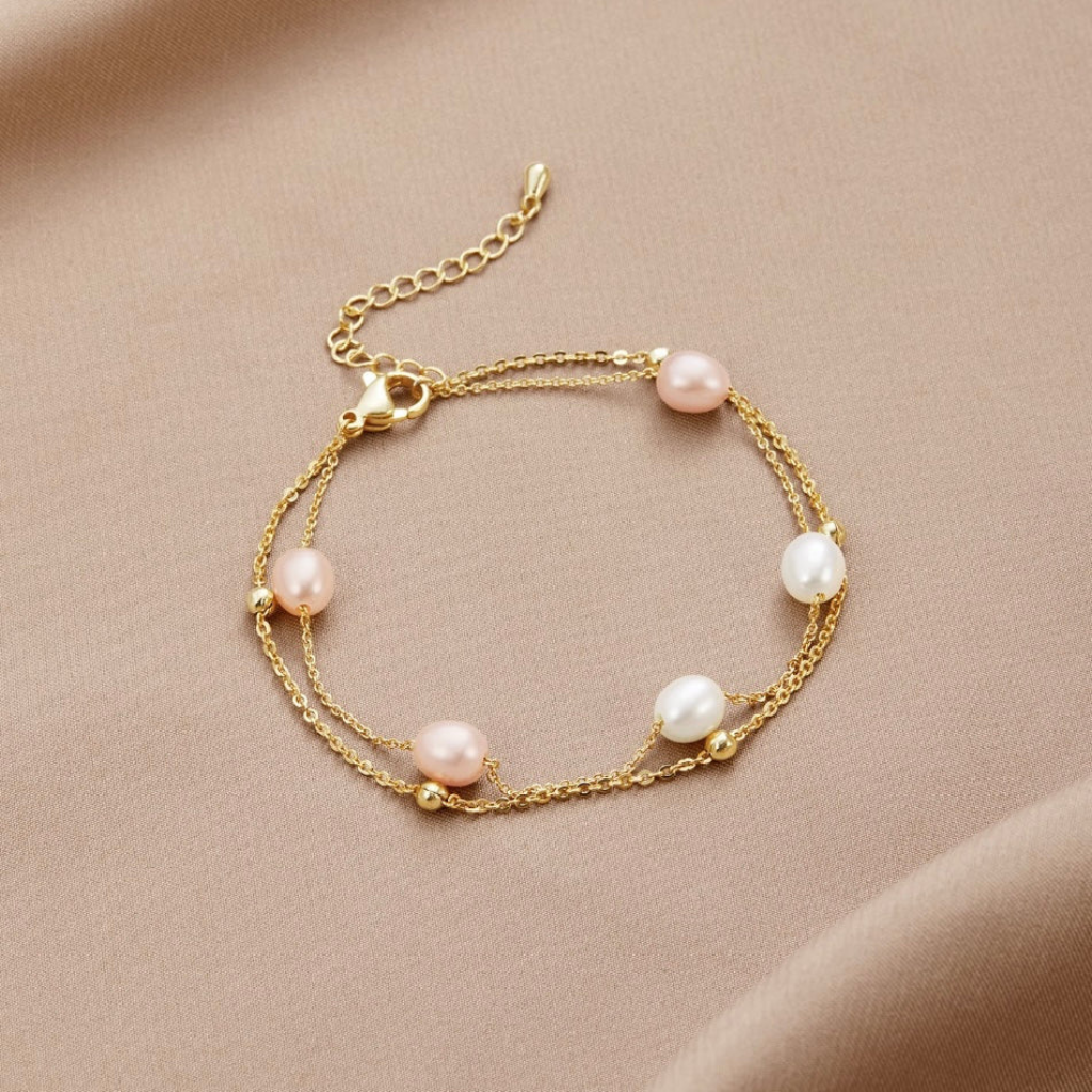 Gold Plated Layered Bracelet with Freshwater Pearls