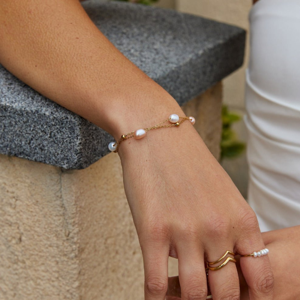 Gold Plated Layered Bracelet with Freshwater Pearls