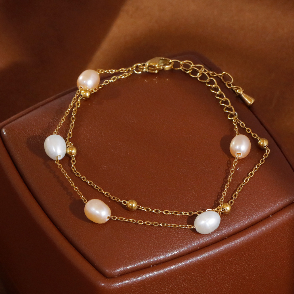 Gold Plated Layered Bracelet with Freshwater Pearls