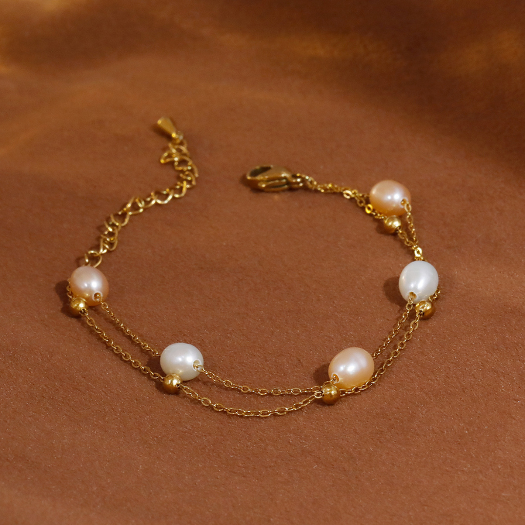 Gold Plated Layered Bracelet with Freshwater Pearls