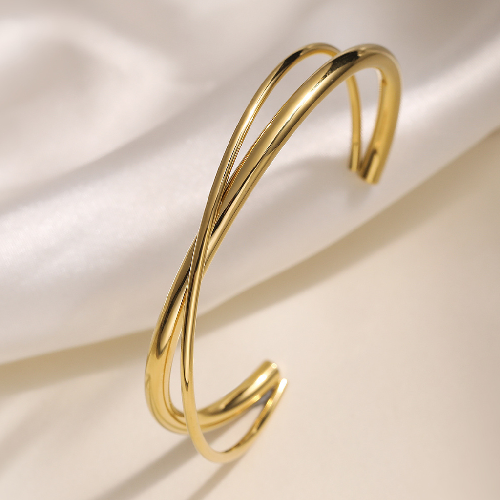 Gold Plated Twisted Cuff Bracelet with Cross Design