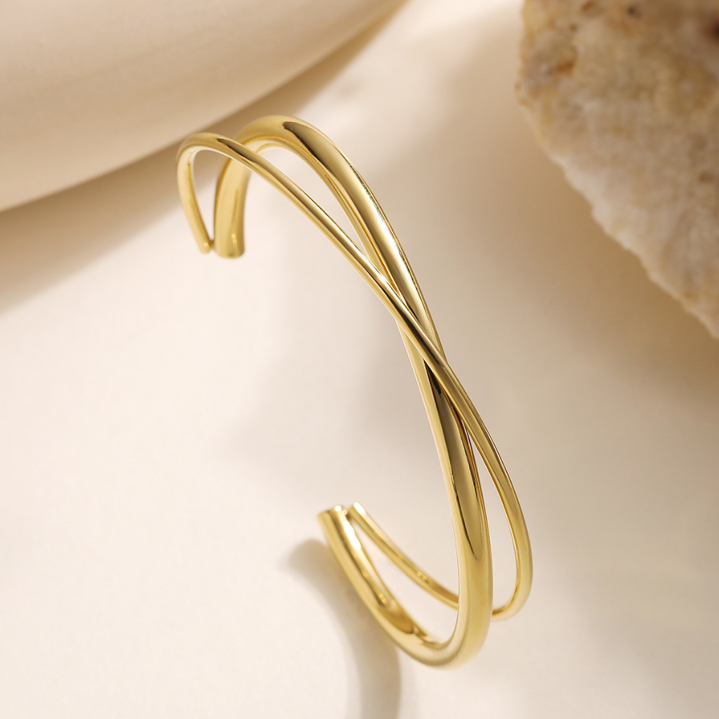 Gold Plated Twisted Cuff Bracelet with Cross Design