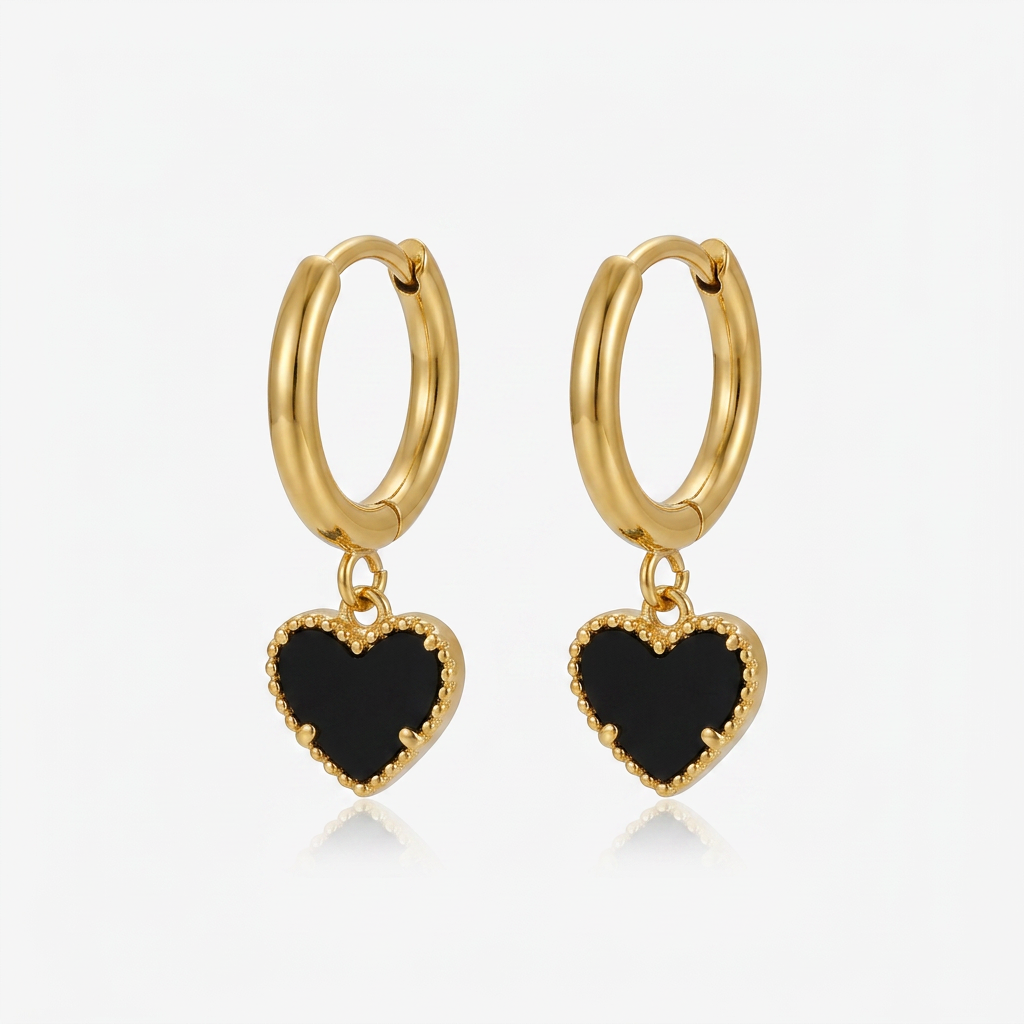 Gold Hoop Earrings with Black Heart Charm