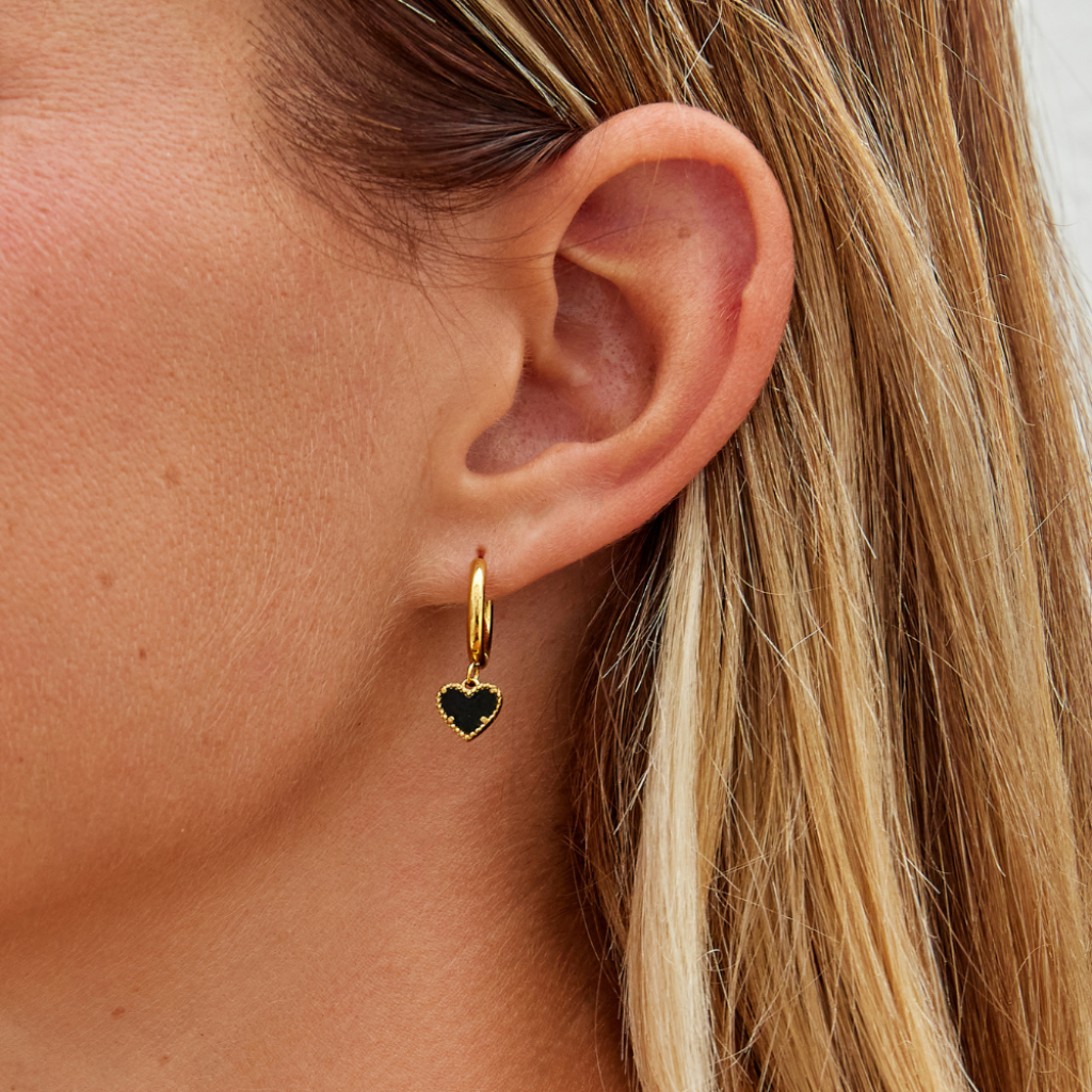 Gold Hoop Earrings with Black Heart Charm