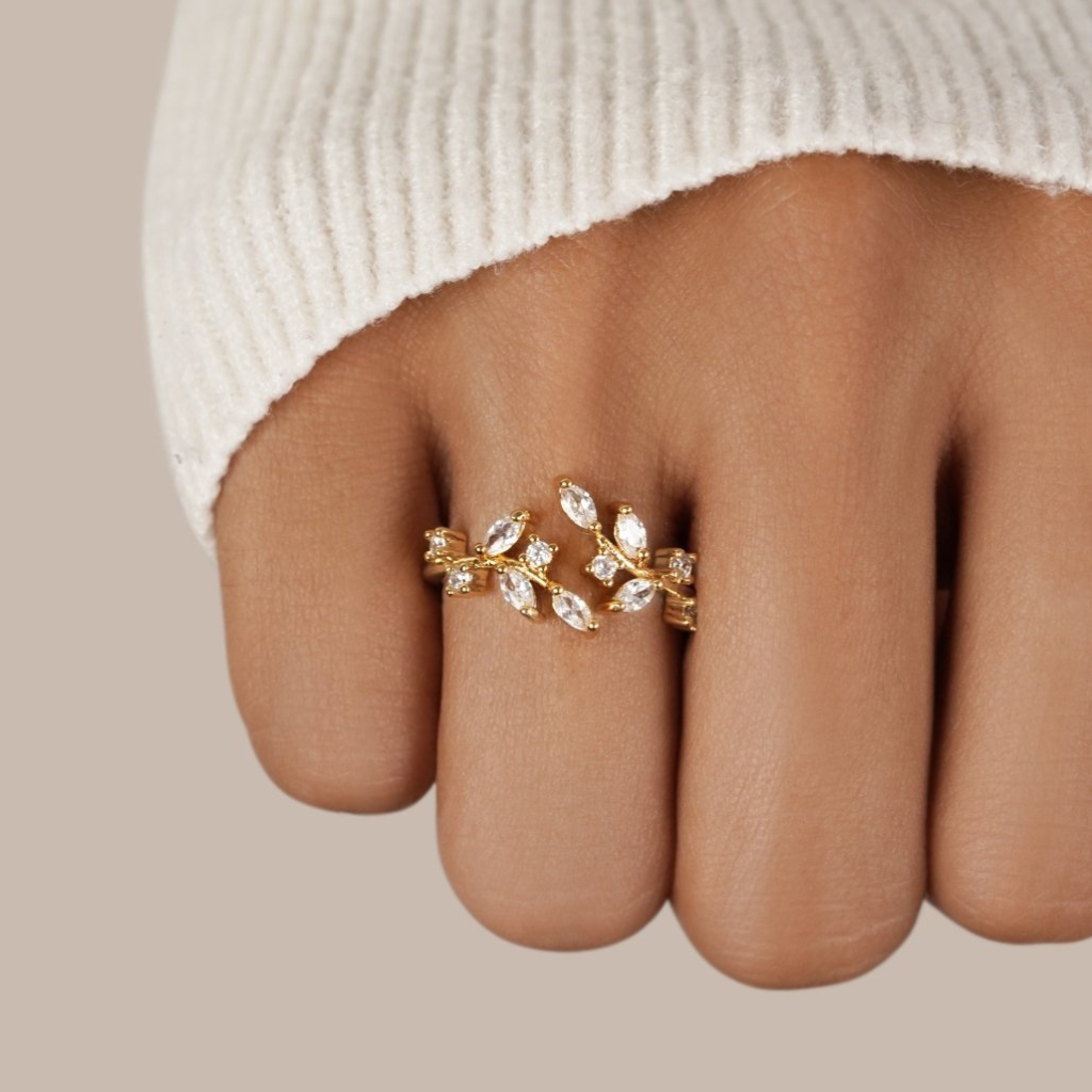 Vine Ring with Crystal Leaf Design