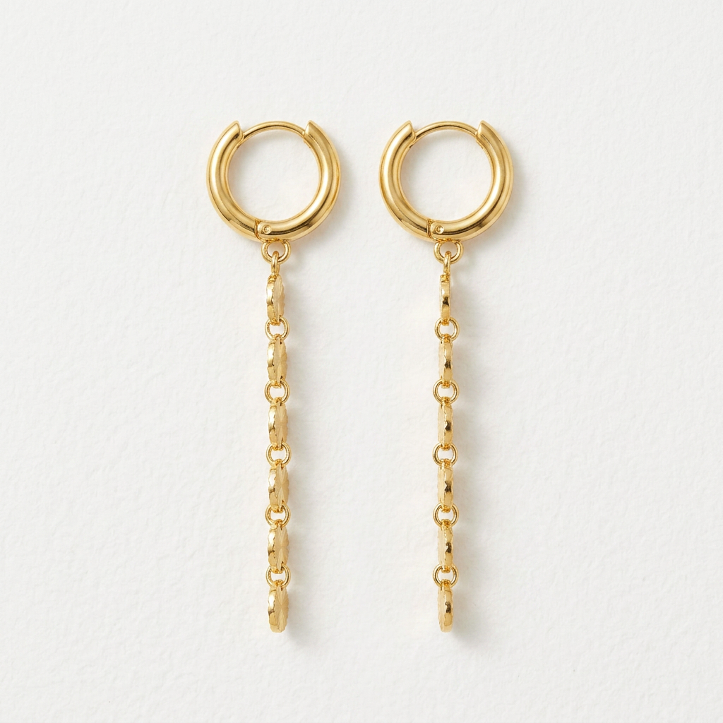 Gold Plated Disc Drop Earrings with Textured Chain Detail