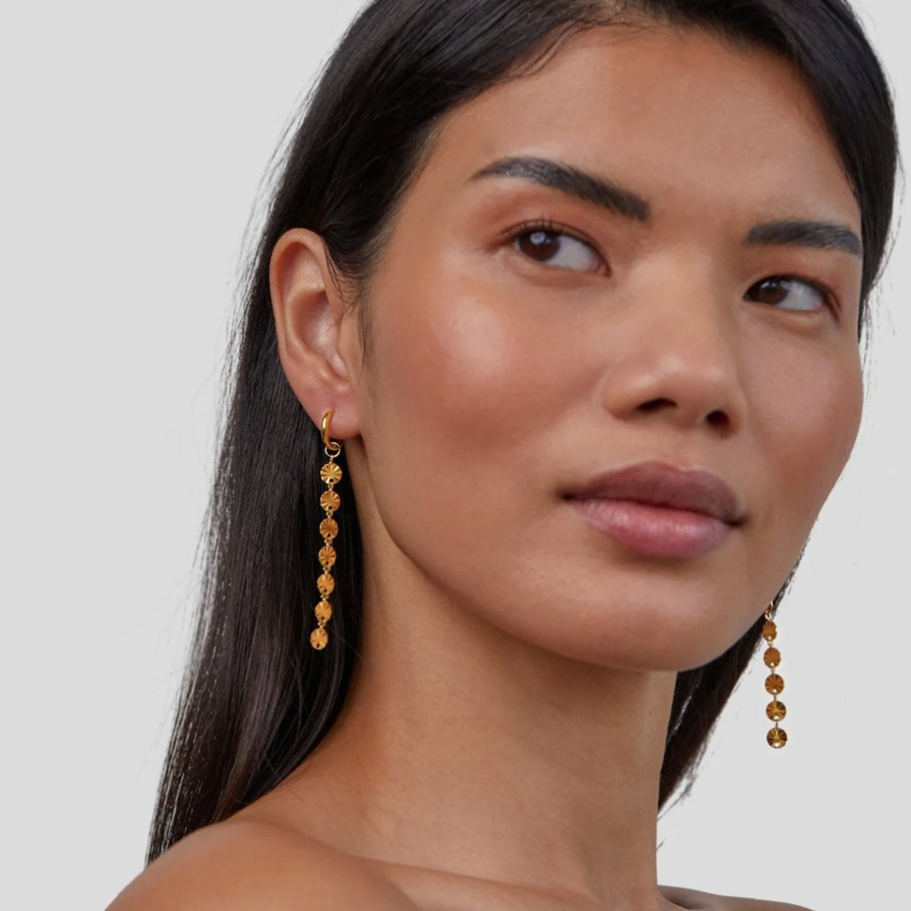 Gold Plated Disc Drop Earrings with Textured Chain Detail
