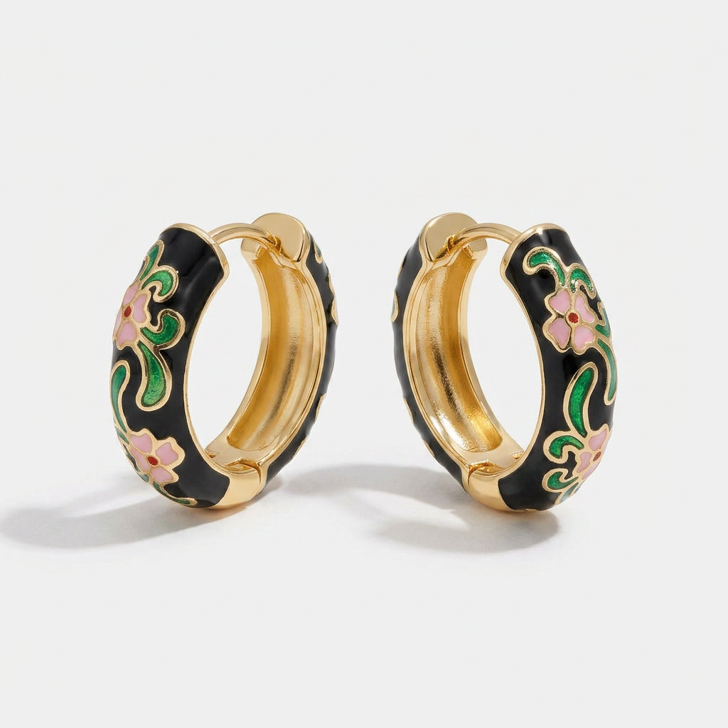 Black Hoop Earrings with Floral Enamel Detail