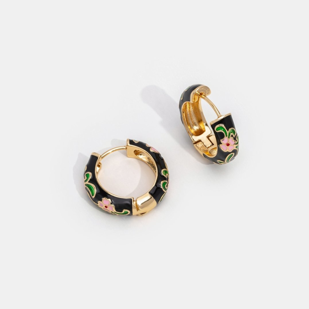 Black Hoop Earrings with Floral Enamel Detail