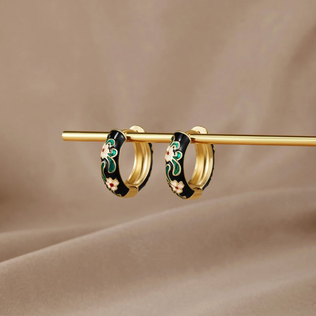 Black Hoop Earrings with Floral Enamel Detail